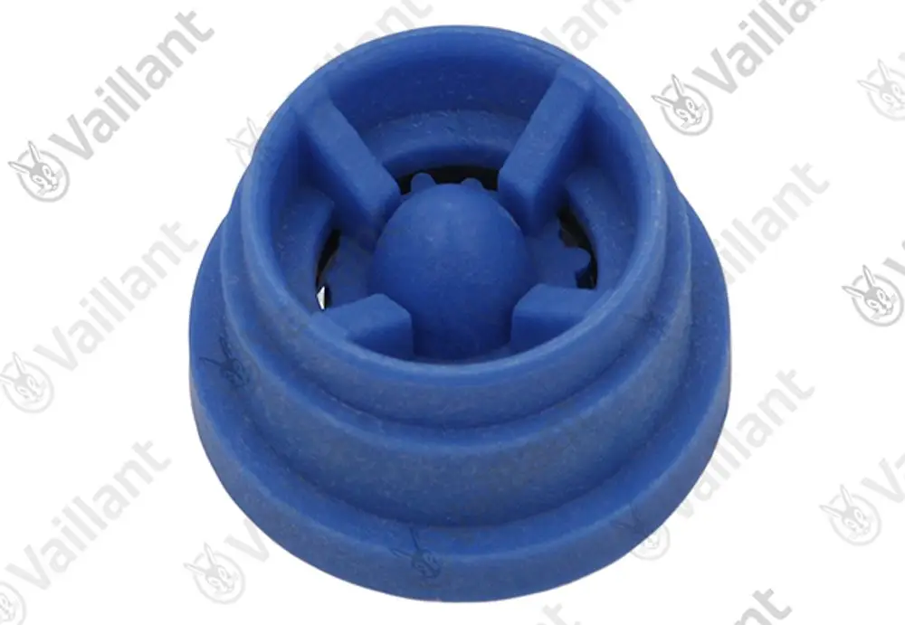 Blauer Wassermengenbegrenzer von Vaillant mit runder Form und mehreren Öffnungen zur Regelung des Wasserflusses.